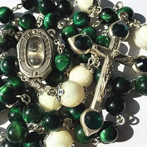 Vista 4 de elegantmedical HECHO A MANO VERDE OJO DE TIGRE CUENTAS CATÓLICAS ROSARIO CRUCIFIJO COLLAR Lourdes Medalla de agua, elegantmedical