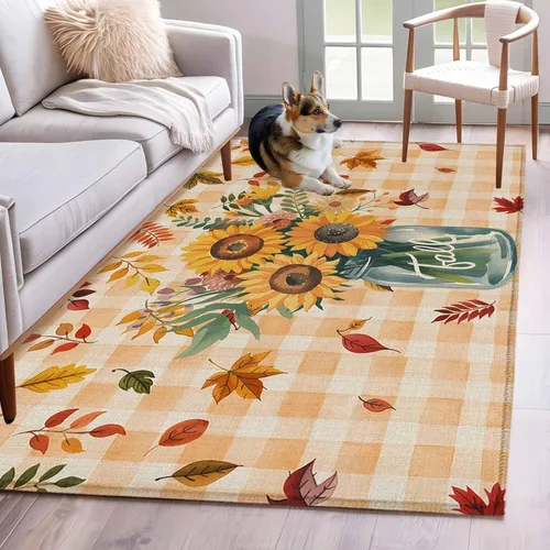 Vista 11 de Small Area Rugs 2x3 Ft, Sunflower Non-Slip Area Rugs for Living Room Bedroom Entryway, Orange Plaid Farmhouse Leaves Watercolor Retro Washable