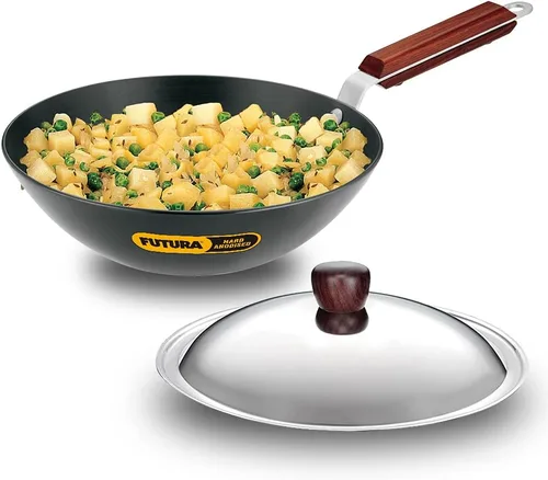Vista 11 de Futura freidora con anodizado duro (Kadhai) con tapa de acero y parte inferior plana, Negro