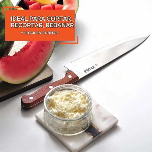 Vista 6 de IMUSA Cuchillo de chef de acero inoxidable de 8 pulgadas con mango de madera Acabado pulido, mango ergonómico de castaño, corte de precisión
