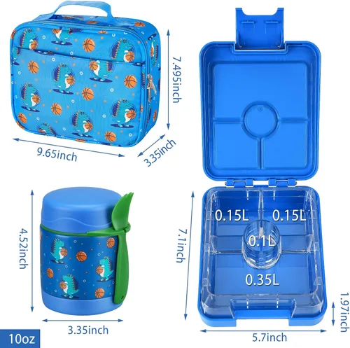 Vista 6 de Lonchera Bento para niños con termo de sopa de 10 onzas, recipientes de almuerzo a prueba de fugas con 4 compartimentos, tarro térmico