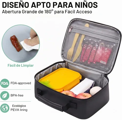 Vista 4 de Lonchera infantil para niños, bolsa de almuerzo aislada, de piel sintética, impermeable, con bolsillo de malla, duradera a prueba de fugas, se 1
