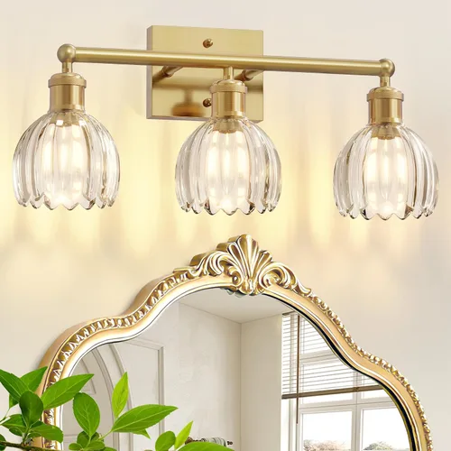 Vista 14 de Lámparas de baño vintage, 2 luces rústicas de tocador para baño, pasillo, luces de tocador de latón de 16.5 pulgadas, lámparas de tulipán