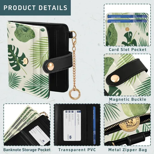 Vista 5 de Nander Green Leaf Small Wallet Women RFID Blocking Soft Leather Small Slim Thin Credit Card Wallet with Card Slots ID Window Zipper Coin Purse