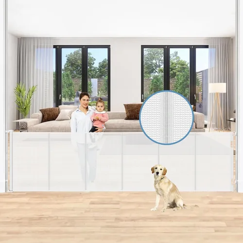 Vista 22 de Puertas retráctiles reforzadas para bebés con varillas de soporte, se extienden hasta 55" de ancho, puerta retráctil para perros para entradas