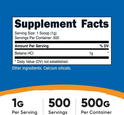 Vista 2 de Nutricost Betaína HCl en polvo 17.64 oz, sin gluten, sin OMG