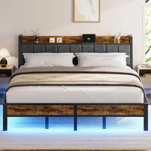 Vista 9 de Liians Base de cama LED de tamaño matrimonial con estación de carga y cabecera de almacenamiento, plataforma de metal, no necesita somier, fácil