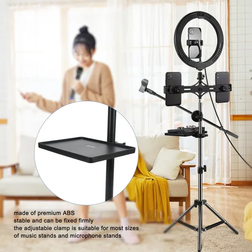 Vista 2 de Pomya Bandeja de soporte para micrófono, ABS negro estilo moderno, para escenario y sala de control, sostiene micrófono y teléfono, 6.5 x 8.66
