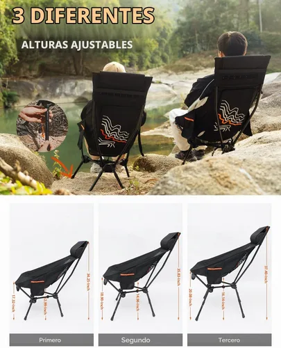Vista 3 de Silla de camping portátil de respaldo alto con reposacabezas y pies Panel de línea de contorno negro