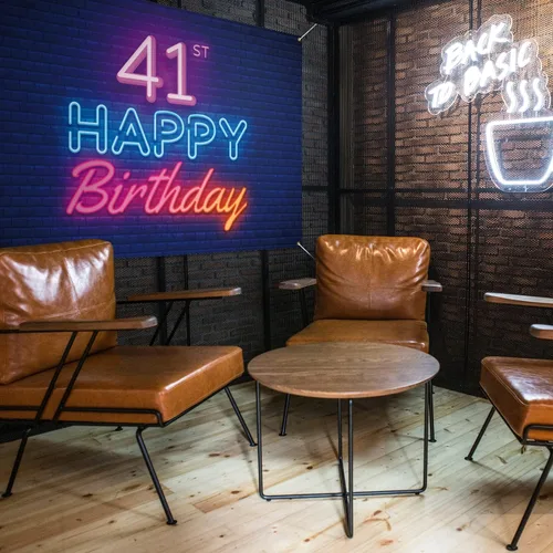 Vista 4 de Cartel de fondo de neón brillante con texto en inglés «Happy 41st Birthday», decoración temática de fiesta de cumpleaños de 41 años para hombres