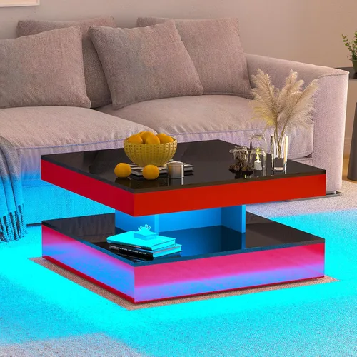 Vista 23 de HedoAjim Mesa de centro LED negra para sala de estar, mesa de sala de estar, mesas centrales cuadradas de 2 niveles, mesas de centro de madera