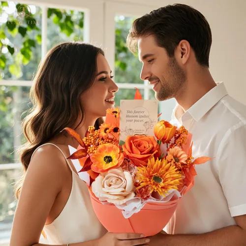 Vista 8 de Ramo de flores preservadas de color naranja, ramo de regalo para mujeres, regalo de flores falsas eternas para Navidad, aniversario, cumpleaños