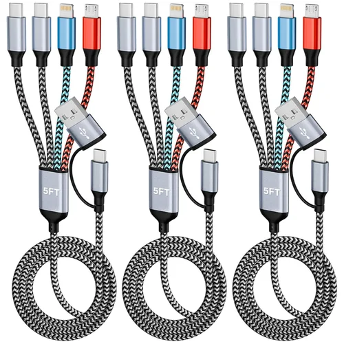 Vista 23 de Cargador de teléfono de 90 grados, cable de carga múltiple 4 en 2, cable USB C CarPlay con doble tipo C, micro USB, puerto IP, cable USBC de nailon