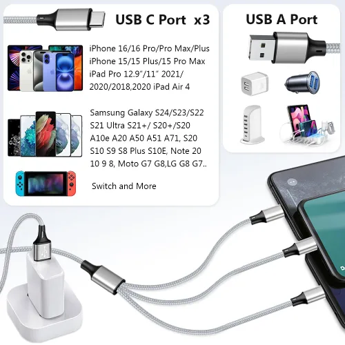 Vista 2 de Puxnoin Cable de carga múltiple, cable divisor USB C, cable de carga rápida 3 en 1 con 3 puertos macho tipo C compatible con teléfonos celulares