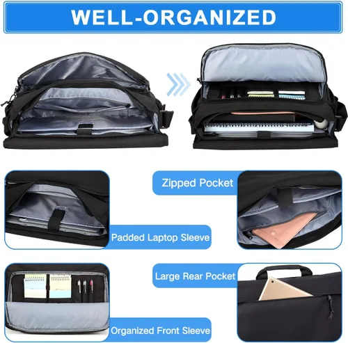 Vista 5 de VASCHY Bolsa de mensajero para hombre, resistente al agua, maletín para laptop, bolsa de trabajo, bolso cruzado para mujer, universidad, Negro