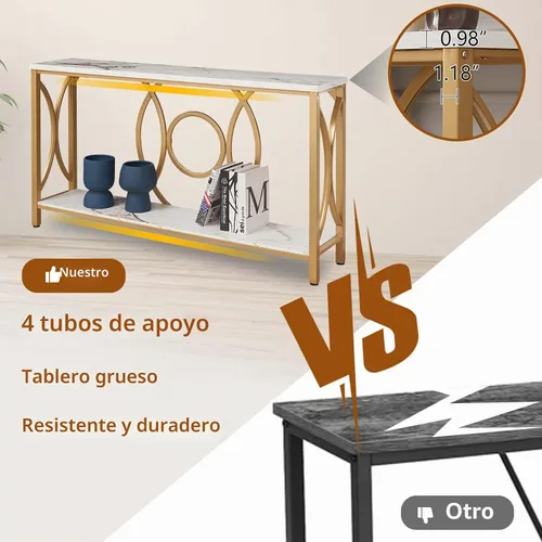 Vista 6 de HOMISSUE Mesa consola de sofá, moderna mesa consola dorada con mesa de mármol sintético, mesas de entrada de madera de ingeniería con almacenamiento