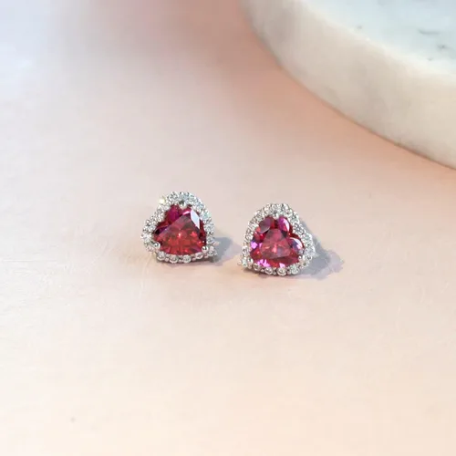 Vista 3 de Tienda Collection Platinum Plated Sterling Silver Simulated Birthstone Heart Stud Earrings with Infinite Elements Cubic Zirconia Accents Earrings