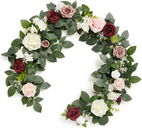 Vista 15 de Ling's Moment Guirnalda de Flores Artificiales Negra Burdeos de 5 Pies, Hojas de Rosas Falsas, Guirnalda Floral, Flores de Arco, Enredadera