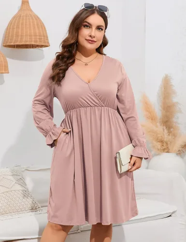 Vista 6 de ShopWonder Vestido de talla grande para mujer, con cuello en V, acampanado, largo hasta la rodilla, vestido de fiesta, minivestido de fiesta