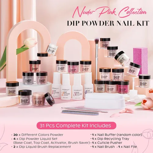 Vista 4 de AZUREBEAUTY Kit de Iniciación de Polvo de Inmersión para Uñas de 31 Piezas, 20 Colores Transparente Nude Rosa Marrón Brillantina Todas las Auburn