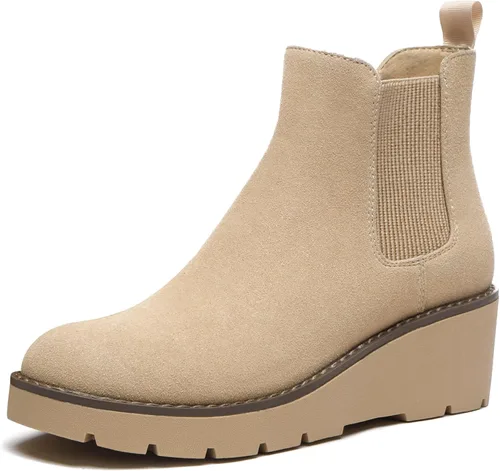Vista 10 de Athlefit - Botas Chelsea con plataforma de cuña para mujer, suela de lengüeta, elásticas, con plataforma, tacón de cuña, botas al tobillo Negro
