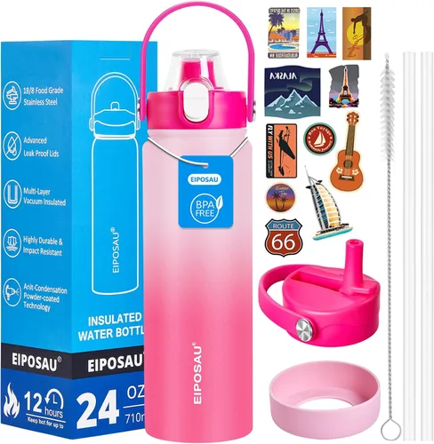 Vista 44 de Botella de agua aislada con tapa, bota y calcomanías, botella de acero inoxidable de 24 onzas, sin sudor, mantiene el frío las 24 horas, botella