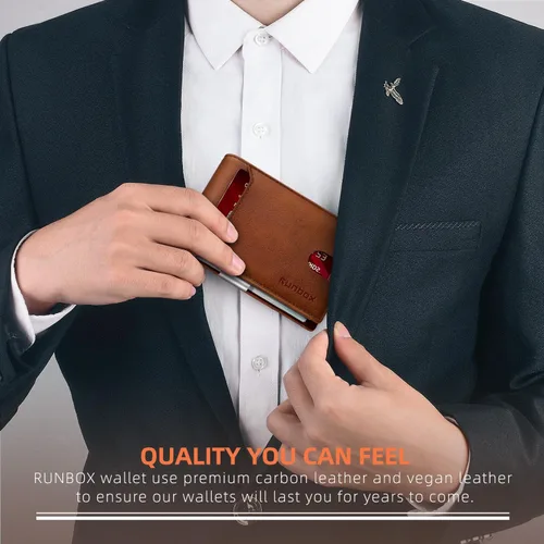 Vista 112 de RUNBOX - Carteras delgadas para hombre, cartera de piel con pinza para el dinero, cartera de bolsillo frontal con bloqueo RFID, tarjetero