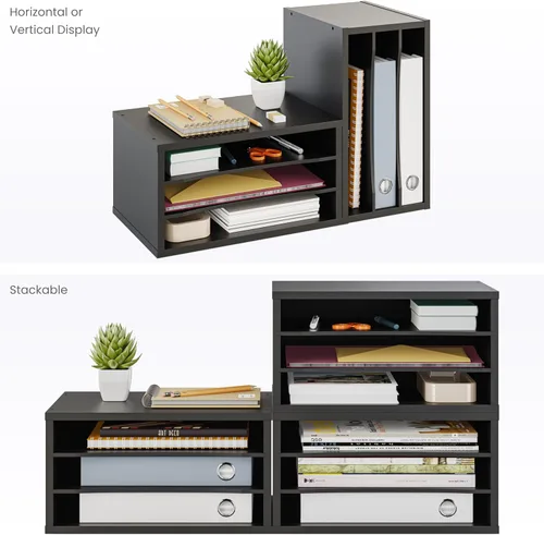 Vista 8 de Organizador de papel Ballucci, organizador de escritorio de madera apilable de 3 niveles, organizador de archivos de documentos y clasificador