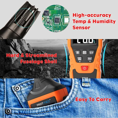 Vista 7 de PT618 Medidor de Temperatura y Humedad, Termómetro Higrómetro con Ambiente, Punto de Rocío, Bulbo Húmedo para Interior/Exterior MÍN, MÁX, Retención