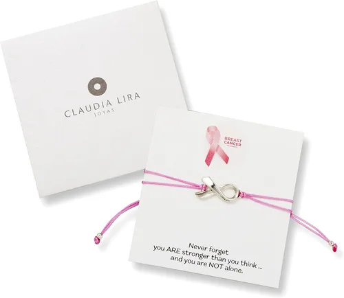 Vista 3 de Pink Breast Cancer Awareness Bracelet With Large Sterling Silver Plated Ribbon Shaped Charm and Friendship Support Message Card, Womens Adjustable