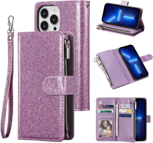 Vista 11 de UEEBAI Funda tipo cartera para iPhone 13 Pro Max, funda de piel sintética con cierre magnético, bolsillo con cremallera, ranuras para tarjetas
