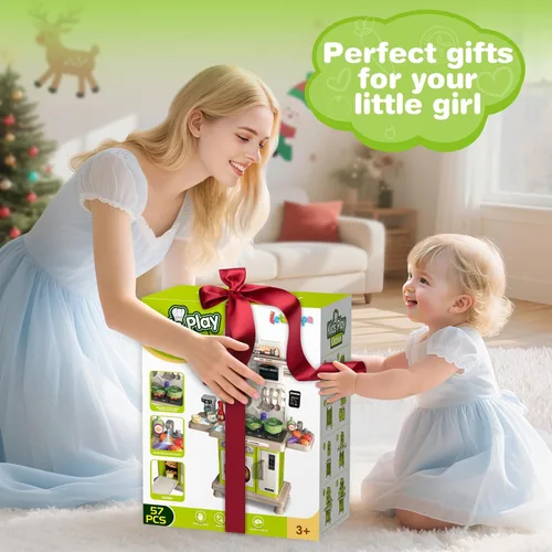 Vista 7 de Juego de cocina, juego de cocina para niños con sonido y luz realista, estufa de cocina, fregadero, comida de juego y accesorios, 57 piezas