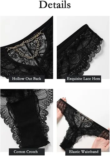 Vista 6 de Tangas de encaje sexy para mujer, en forma de V, ropa interior sin costuras, con hueco, transparente, paquete de 3