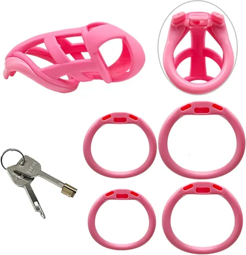 Vista 6 de Dispositivos de jaula de castidad masculina, nueva jaula ergonómica ligera para pene de hombre, jaula de bloqueo de casidad rosa con anillos de 4