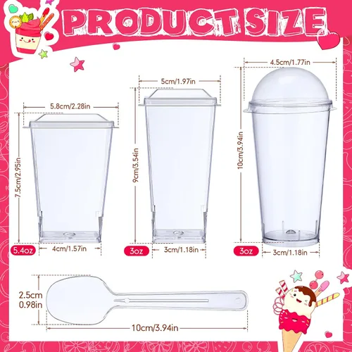 Vista 2 de Jerify Paquete de 150 vasos de postre de plástico con tapas y cucharas, 3 onzas, mini tazas de postre con cucharas, tazas cuadradas transparentes
