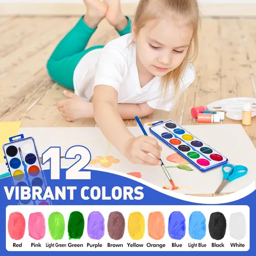 Vista 3 de Juego de 100 pinturas de acuarela para niños, 12 colores de acuarelas con pincel, juego de pintura de acuarela para niños para recuerdos de fiesta
