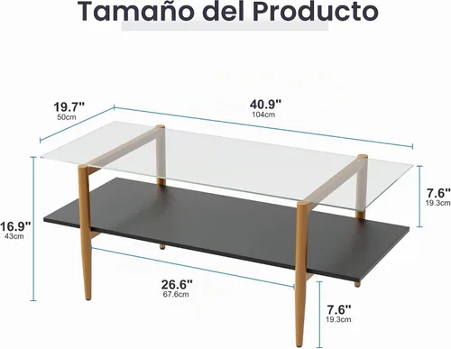 Vista 2 de Furnify Mesa de centro de cristal, mesa central rectangular para sala de estar con patas doradas, mesas decorativas modernas de mediados de siglo