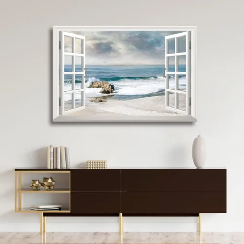 Vista 5 de Renditions Gallery Impresiones de pared de naturaleza para decoración de ventana para el hogar Inundado en la playa de arena, lienzo colgante