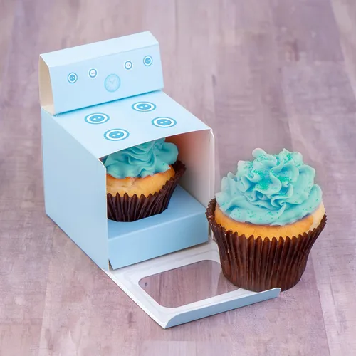 Vista 5 de Bun in the Oven - Cajas para cupcakes para baby shower, fiesta de revelación de género para niños y niñas (12 piezas, azul)