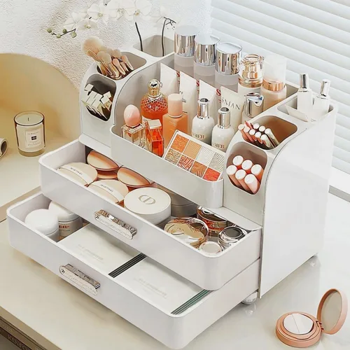 Vista 4 de Organizador de maquillaje con cajones para tocador, organizador de encimera de baño con soporte para brochas, organizador de almacenamiento