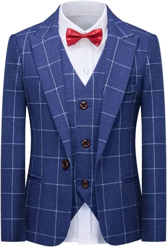 Vista 2 de Conjunto de trajes para niños, chaqueta a cuadros, chaleco, pantalones de un solo pecho, chaqueta formal para boda, fiesta, baile de graduación