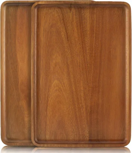 Vista 11 de 2 piezas de bandejas de madera de acacia maciza de 13 x 9 pulgadas, fuentes rectangulares de madera natural para bar, café, fiesta