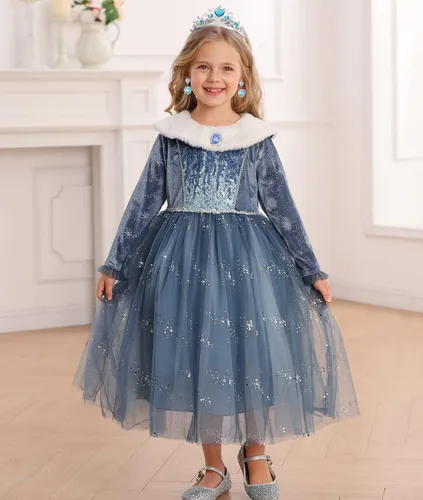 Vista 2 de Luzlen Vestido de fiesta de princesa azul para niña, disfraz de reina con accesorios