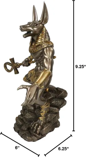 Vista 9 de Ebros Gift Ancient Egyptian Chacal God Anubis con Ankh Staff Spear Standing on Rocky Skulls Heap Figurine in Faux Bronze Gods of Egypt Deity of the