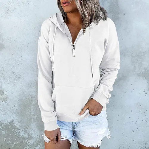 Vista 5 de Sudadera con capucha y media cremallera para mujer, con cordón, atlética, moderna, con bolsillo frontal, manga larga, para otoño