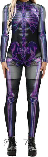Vista 3 de Disfraz de esqueleto de calavera para mujer, overol de una pieza para Halloween 3D printed skull skeleton robot costume, Back zipper closure