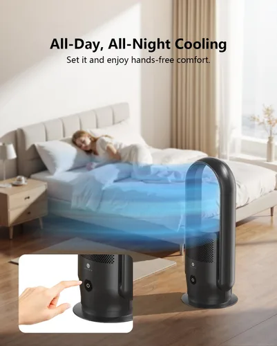 Vista 5 de ULTTY Ventilador de torre sin aspas y purificador de aire en uno, ventilador oscilante sin aspas de 90° con control remoto, táctil, temporizador