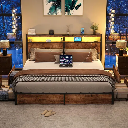 Vista 18 de SADENICEL Base de cama de tamaño matrimonial con almacenamiento, plataforma de cama de madera LED con cabecero, 2 cajones, estación de carga,