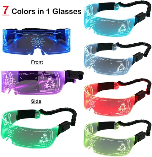 Vista 2 de Lentes de visera LED futuristas recargables por USB, 7 colores, 4 modos de iluminación, lentes intermitentes, monobloque escudo para fiesta