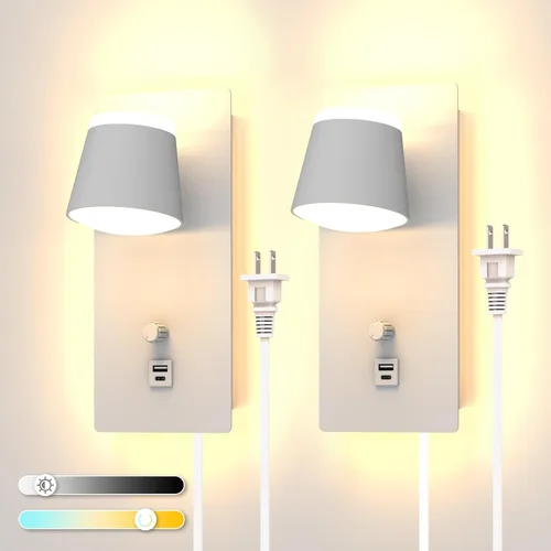 Vista 9 de Sytmhoe Aplique de pared LED con interruptor de atenuación, moderna lámpara de pared regulable con puerto USB + tipo C, iluminación montada